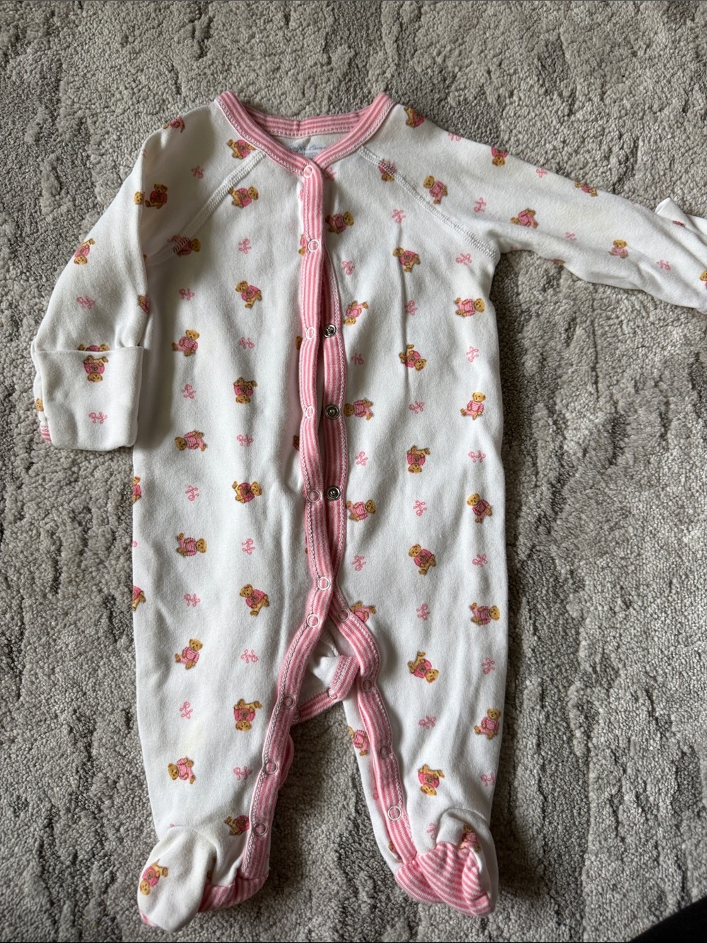 Ralph Lauren White Footed One-Piece with Pink Trim and Teddy Bear Print - 3m